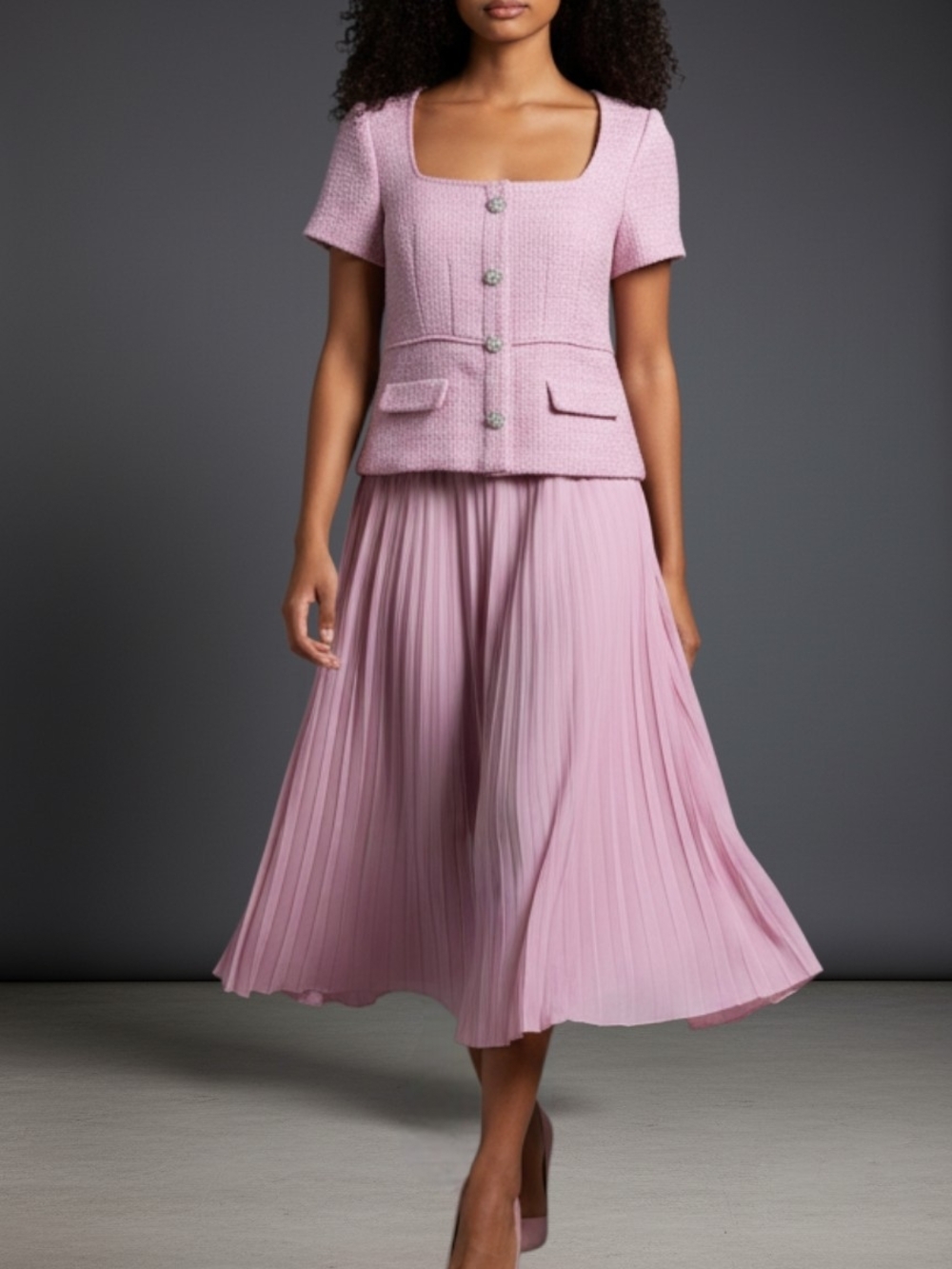 Adrianna Papell Boucle Combo Midi Soft Pink Mauve Pleated Mixed Media Tweed 0